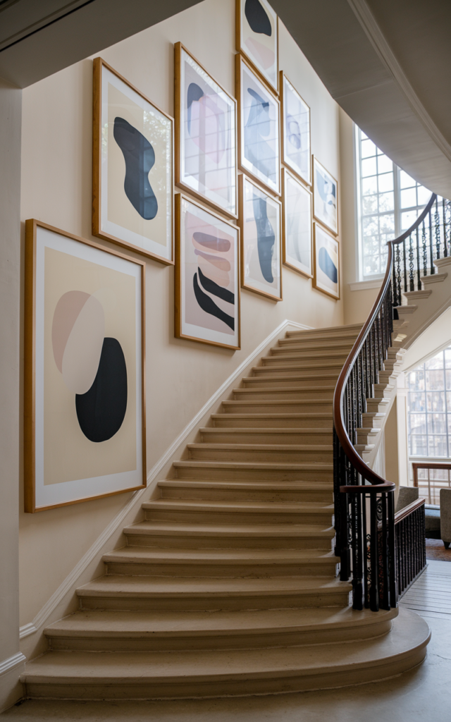 An elegant and natural-looking realistic photograph of a staircase styled with oversized abstract artwork arranged along the ascending wall in coordinated frames decorated in modern gallery-inspired style with natural lighting