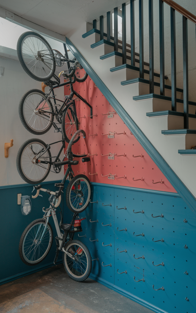 An elegant and natural-looking realistic photograph of an under-stair bike storage wall with vertically mounted bicycles, wall hooks and bold painted backdrop, decorated in urban industrial style with natural lighting