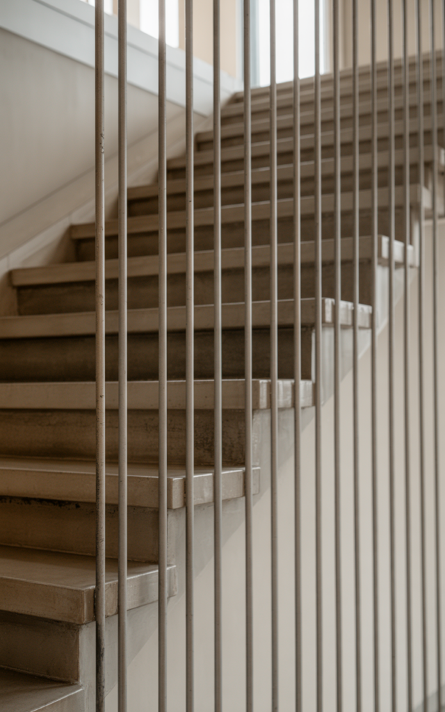 An elegant and natural-looking realistic photograph of a staircase featuring slim vertical metal rods suspended from ceiling to stair edge forming a striking railing pattern decorated in contemporary architectural style with natural lighting
