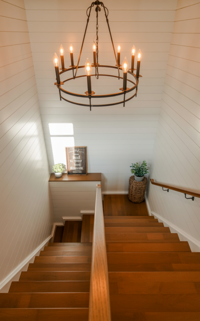 An elegant and natural-looking photograph of a tall stairwell featuring a large black metal farmhouse chandelier with candle-style bulbs suspended above warm wood stairs and white walls decorated in modern farmhouse style with natural lighting
