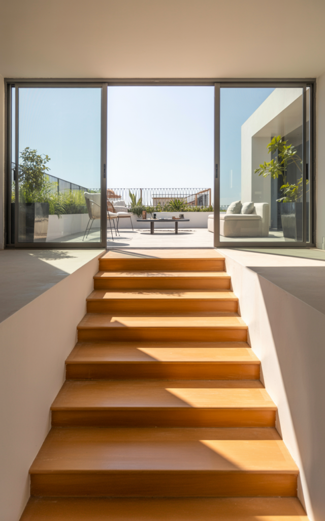 An elegant and natural-looking realistic photograph of a staircase with sliding glass panels opening onto a balcony terrace, connecting indoor and outdoor spaces with airy white walls and wood steps decorated in modern indoor-outdoor style with natural lighting