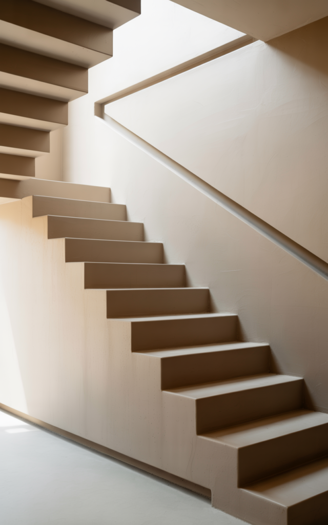 An elegant and natural-looking realistic photograph of a minimalist staircase with a recessed wall groove acting as a built-in handrail carved into a smooth plaster wall beside floating stairs decorated in ultra minimalist architectural home decor style with natural lighting