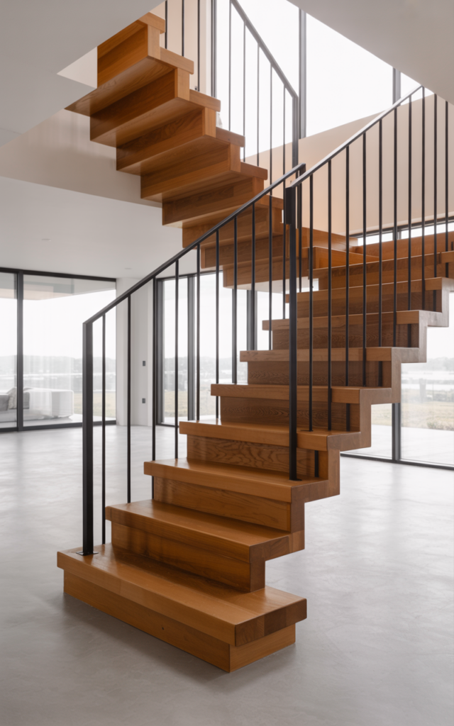An elegant and natural-looking realistic photograph of floating oak stairs with thick wooden treads and no visible risers paired with slim black railing and open space beneath decorated in ultra modern style with natural lighting