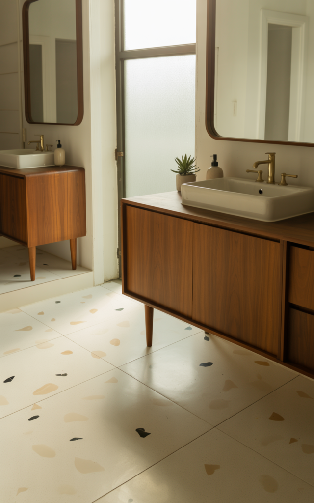 An elegant and natural-looking realistic photograph of a bathroom featuring terrazzo flooring or countertops with subtle flecks paired with simple wood elements decorated in mid-century modern style with natural lighting