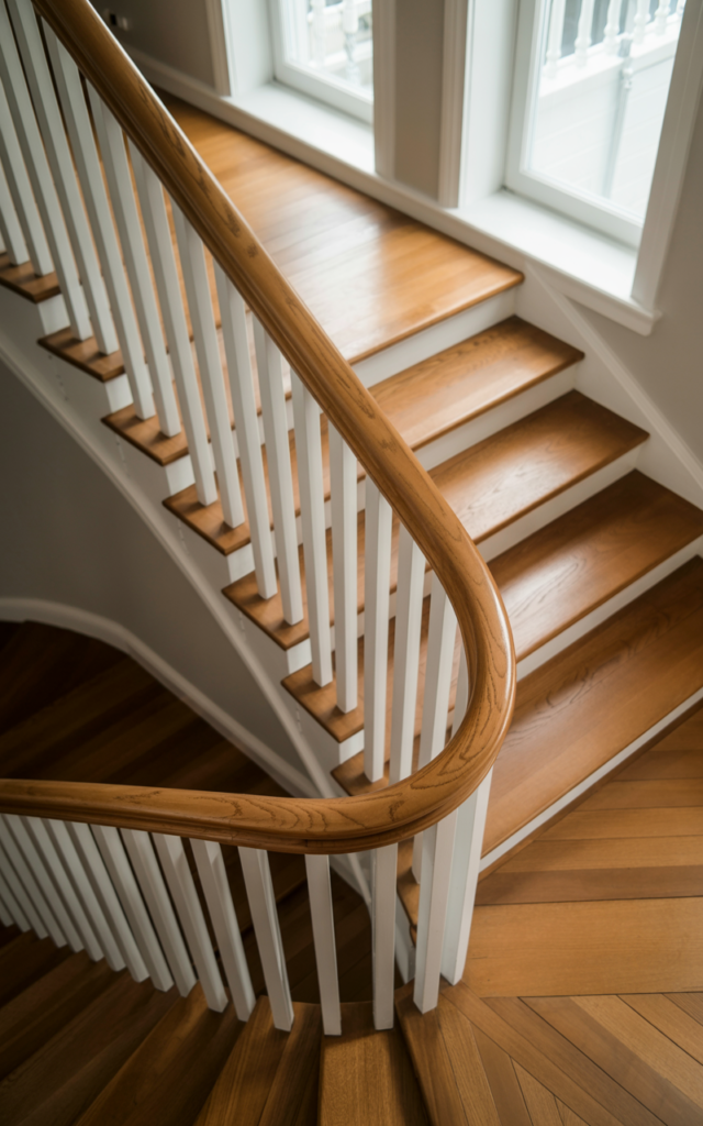 An elegant and natural-looking realistic photograph of a staircase featuring a gently curved wooden handrail flowing along white balusters and warm oak treads decorated in graceful traditional style with natural lighting