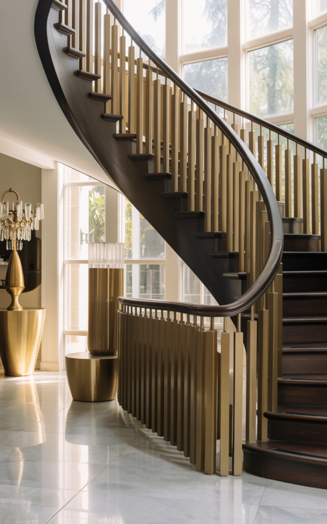 An elegant and natural-looking realistic photograph of a curved staircase foyer featuring brushed brass metallic accents along the railing and complementary decor reflecting soft light decorated in modern glam style with natural lighting