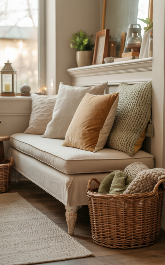 An elegant and natural-looking realistic photograph of a cozy entry nook with a soft bench layered with cushions, throws, and a basket beside it decorated in hygge style with natural lighting