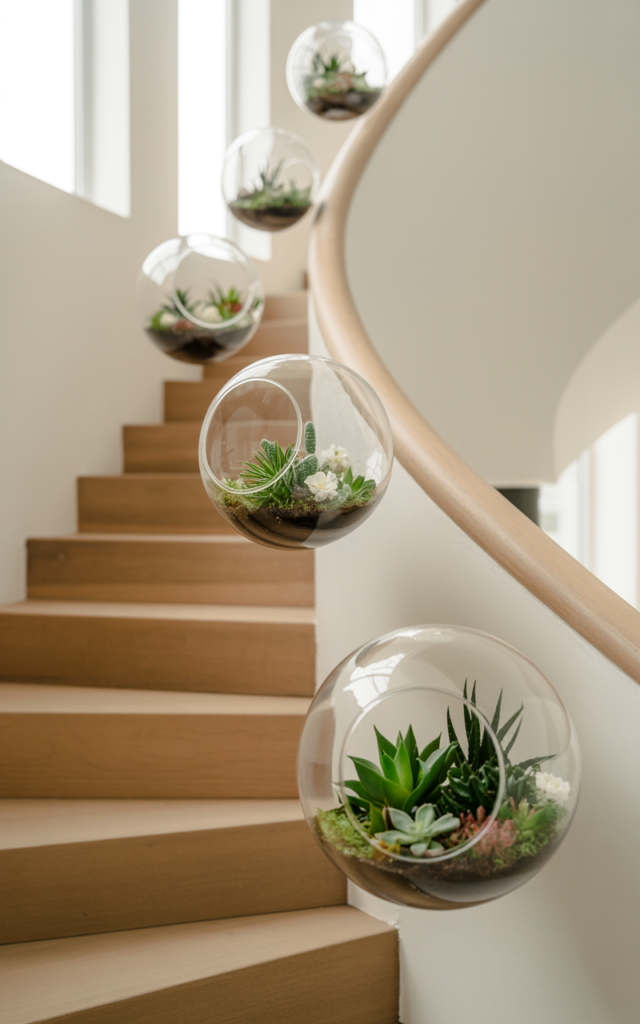 An elegant and natural-looking realistic photograph of a staircase decorated with hanging glass terrariums filled with mini florals and greenery suspended beside the railing creating an airy floating décor effect decorated in modern minimalist wedding style with natural lighting