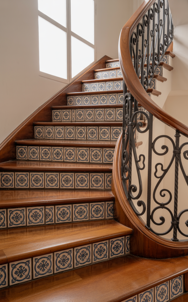 An elegant and natural-looking realistic photograph of a staircase with patterned ceramic tiles installed on the risers paired with stained wood treads and classic railing decorated in artistic Victorian style with natural lighting