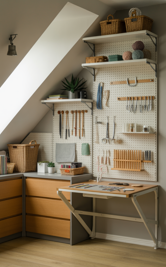 An elegant and natural-looking realistic photograph of an under-stair craft and hobby zone with pegboards, storage drawers and a fold-down work table, decorated in creative contemporary style with natural lighting
