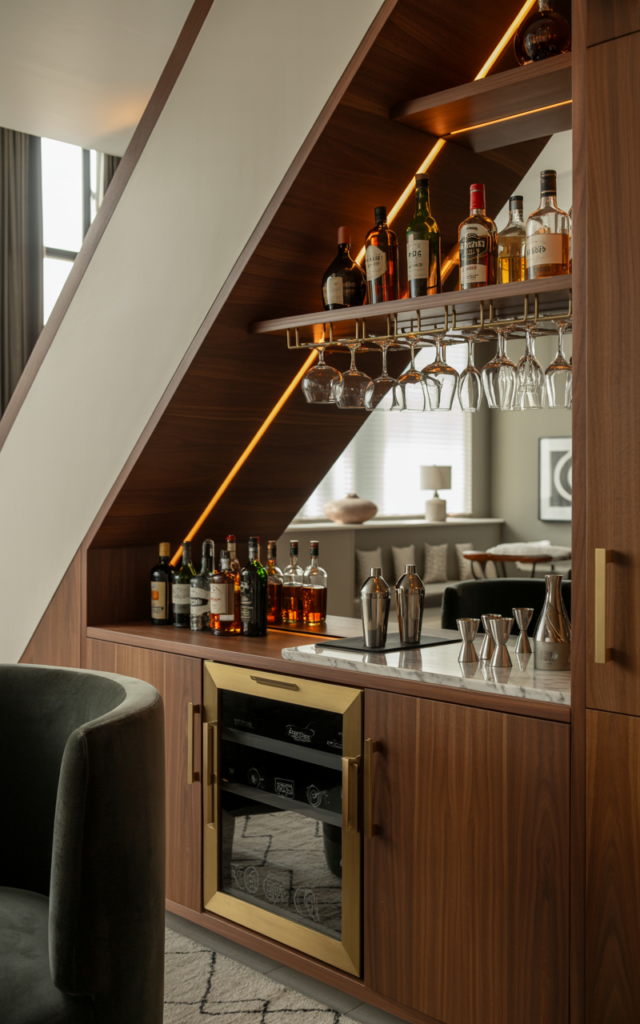 An elegant and natural-looking realistic photograph of a hidden under-stair bar cabinet with shelves displaying liquor bottles, glassware racks, bar tools, and a small mixing counter illuminated with warm lighting decorated in elegant modern lounge decor style with natural lighting
