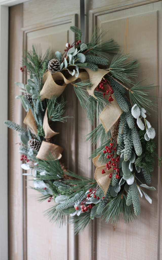 An elegant and natural-looking realistic photograph of a winter front door displaying a wreath with layered snow-dusted pine branches arranged for depth and movement decorated in winter lodge style with natural lighting