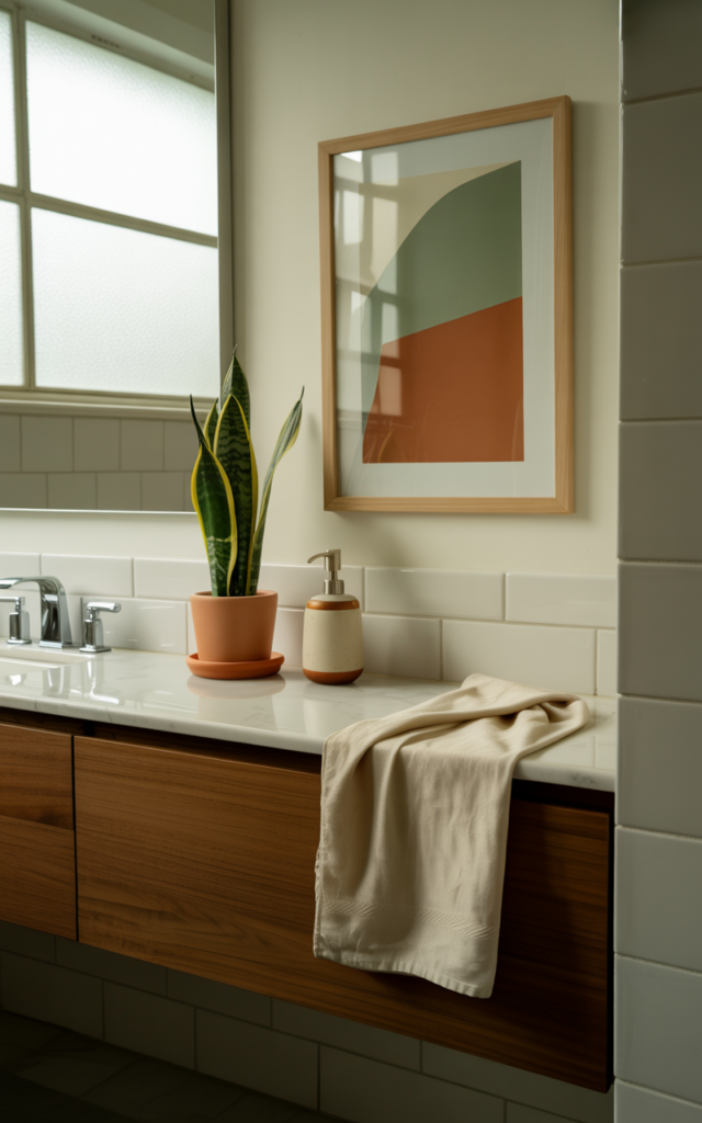 An elegant and natural-looking realistic photograph of a bathroom styled with minimal decor including a single plant, ceramic object, folded towel, and framed artwork decorated in mid century modern style with natural lighting