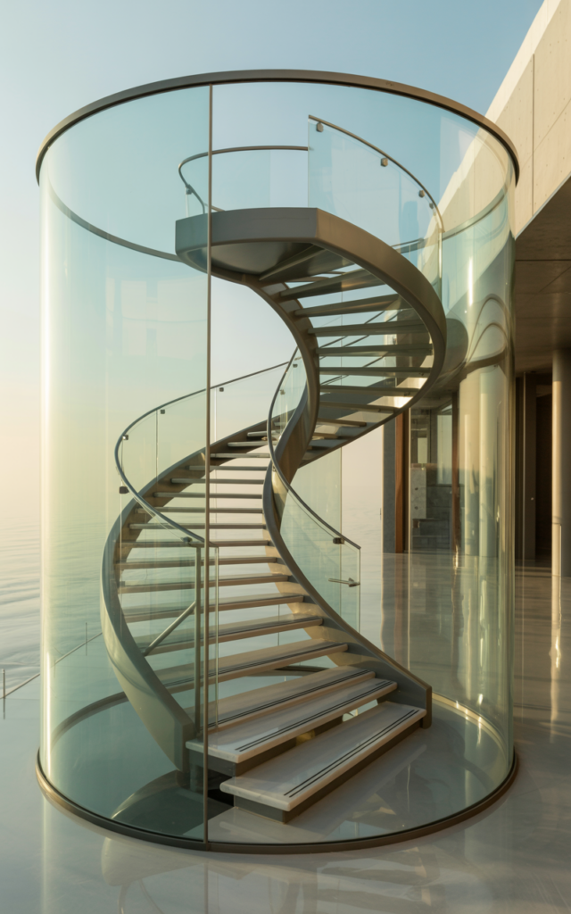 An elegant and natural-looking realistic photograph of a futuristic circular staircase enclosed within a transparent glass cylinder with curved glass walls and sleek spiral steps decorated in modern luxury interior style with natural lighting