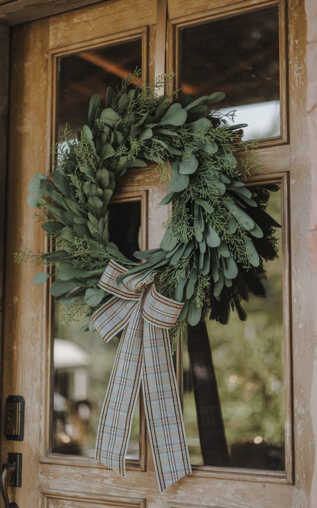 An elegant and natural-looking realistic photograph of a cozy front door styled with a greenery wreath accented with a plaid ribbon bow evoking cabin warmth decorated in rustic cabin style with natural lighting