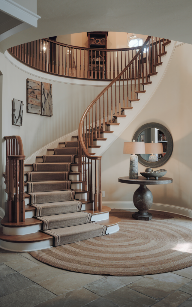 An elegant and natural-looking realistic photograph of a spacious curved staircase foyer grounded by a large layered rug arrangement beneath a round entry table creating warmth and cohesion decorated in cozy transitional style with natural lighting