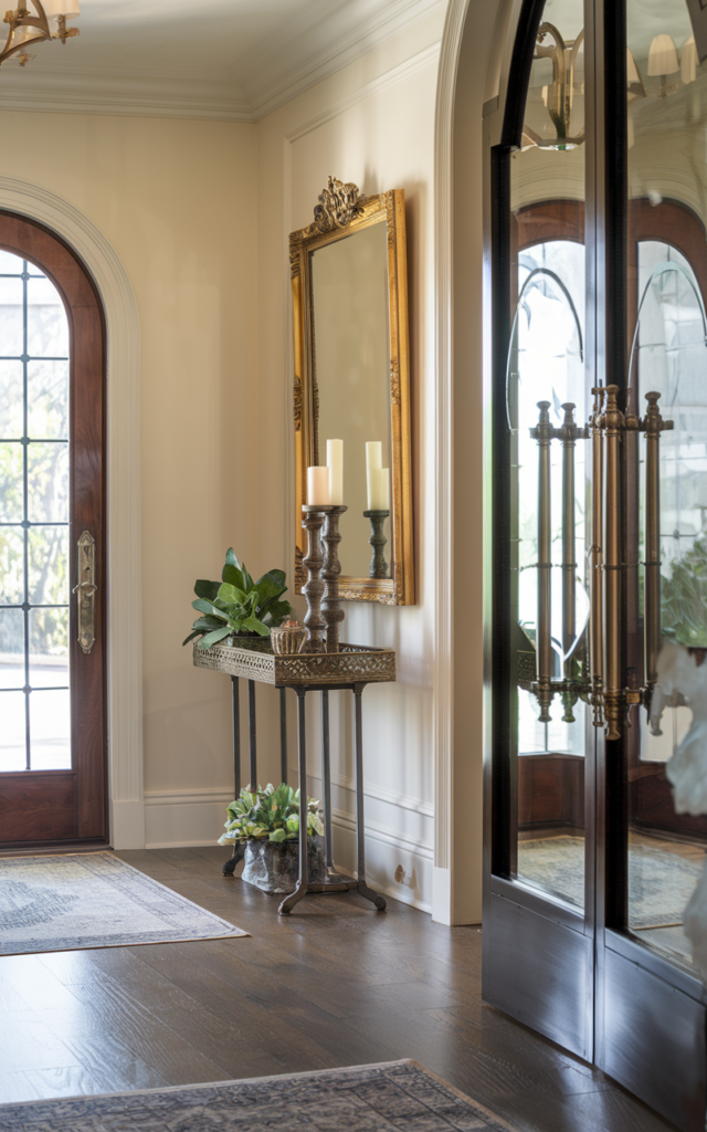 An elegant and natural-looking realistic photograph of a luxurious entryway with metallic accents like gold-framed mirrors, brass handles, and decorative trays decorated in glam modern style with natural lighting