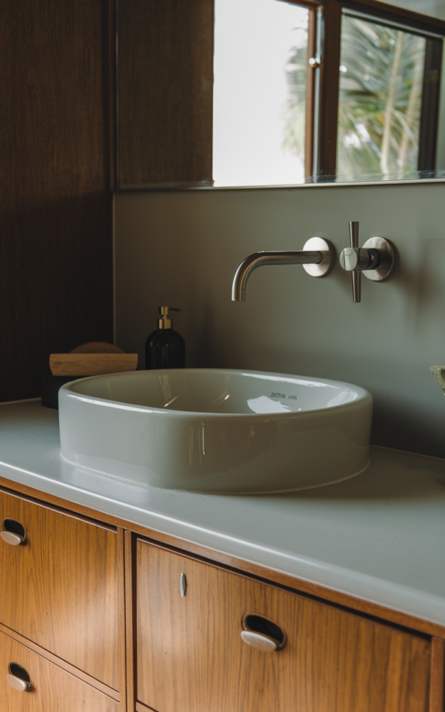 An elegant and natural-looking realistic photograph of a bathroom sink with wall-mounted faucet above a sleek basin and minimal countertop space decorated in mid-century modern style with natural lighting