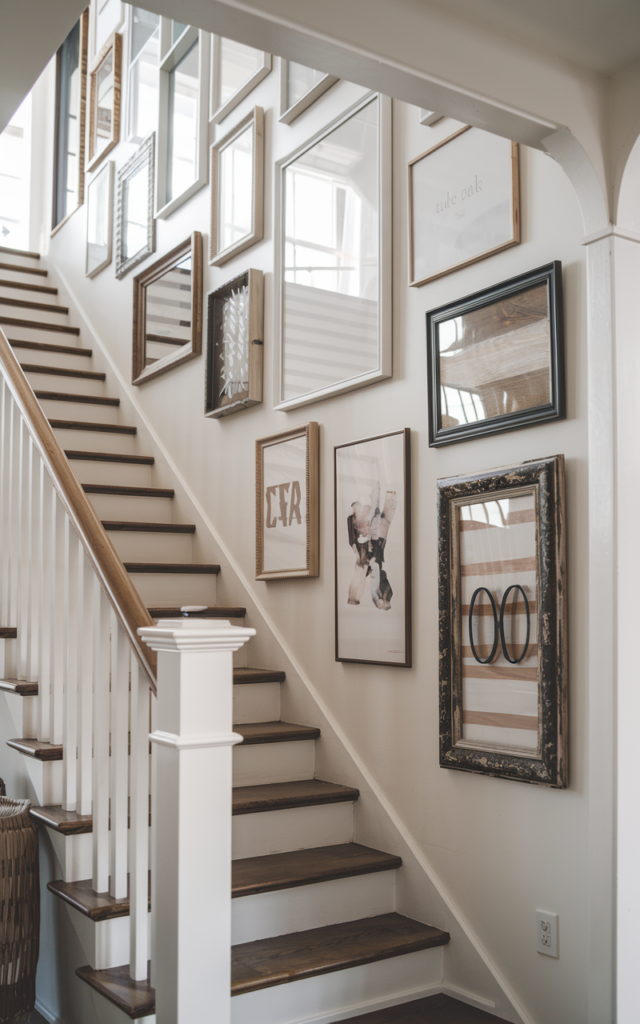An elegant and natural-looking photograph of a staircase wall styled with a cohesive gallery wall that follows the upward stair angle, featuring wood and black frames and neutral artwork decorated in modern farmhouse style with natural lighting