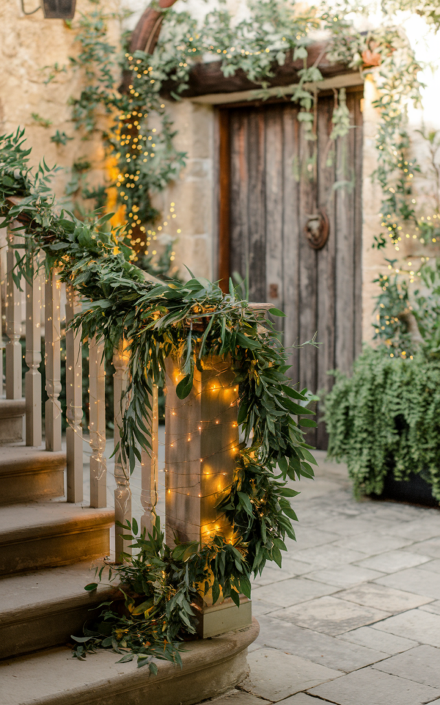 An elegant and natural-looking realistic photograph of a staircase banister fully wrapped in lush greenery garlands intertwined with warm fairy lights creating a glowing botanical railing decorated in countryside romantic wedding style with natural lighting