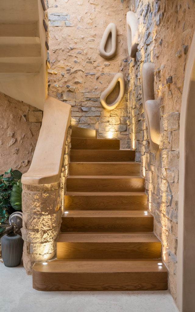 An elegant and natural-looking realistic photograph of a staircase set against textured stone wall panels in earthy tones with soft wall washer lighting enhancing the surface detail decorated in modern organic style with natural lighting