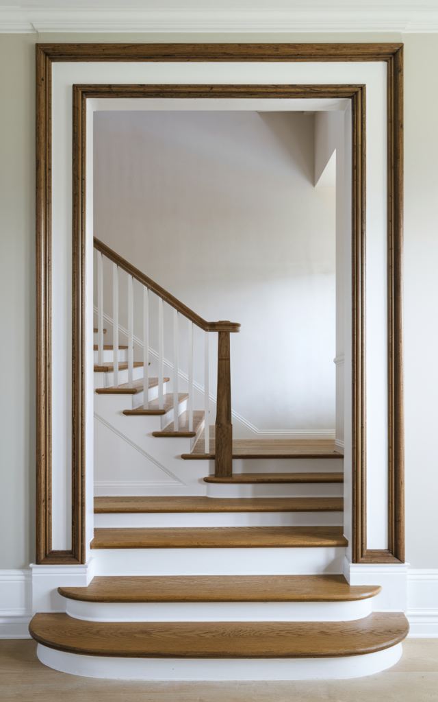 An elegant and natural-looking realistic photograph of a staircase wall framed by a giant rectangular molding border surrounding the entire staircase wall area beside a wooden staircase decorated in modern classic home decor style with natural lighting