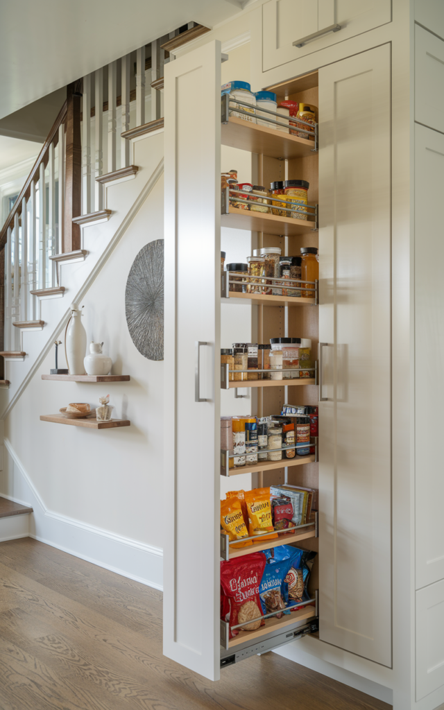An elegant and natural-looking realistic photograph of a tall slide-out pantry tower installed under a staircase with multiple narrow shelves filled with spices, jars, and snack containers pulled outward from the stair wall decorated in sleek modern kitchen storage decor style with natural lighting
