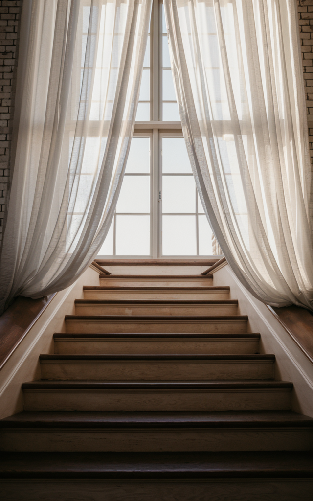 An elegant and natural-looking realistic photograph of a tall staircase window layered with sheer white curtains flowing from ceiling to floor, soft sunlight filtering through onto wooden steps decorated in romantic modern style with natural lighting