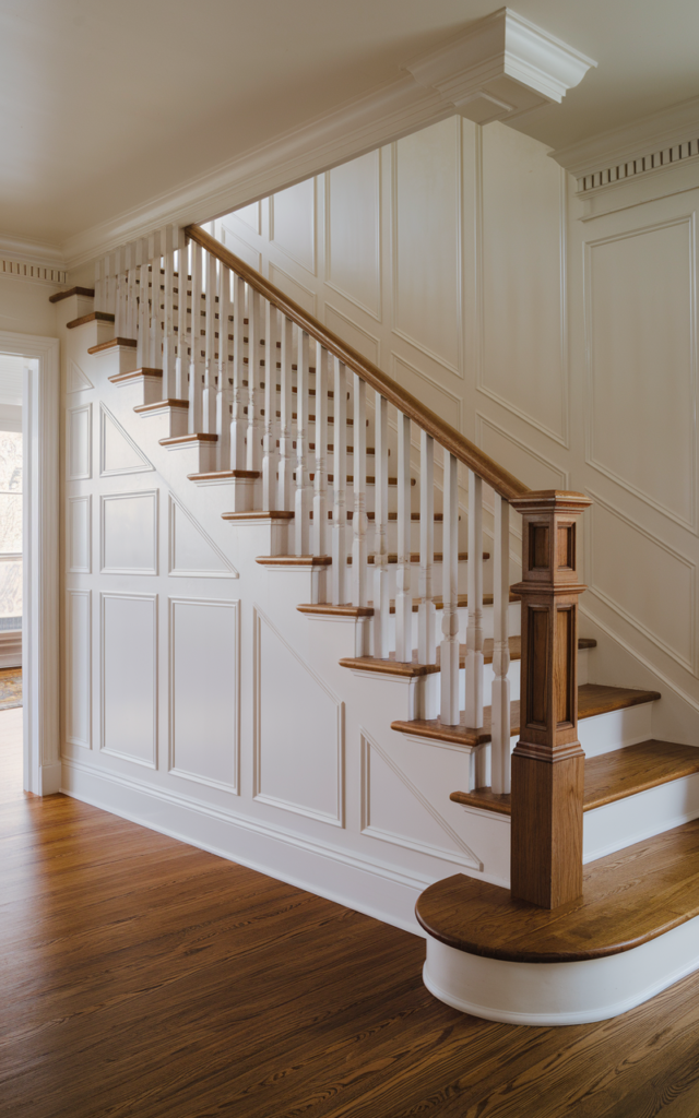 An elegant and natural-looking realistic photograph of a staircase with hidden paneled storage cabinets built beneath the stairs seamlessly blending with detailed wall trim and polished wooden treads decorated in practical Victorian style with natural lighting
