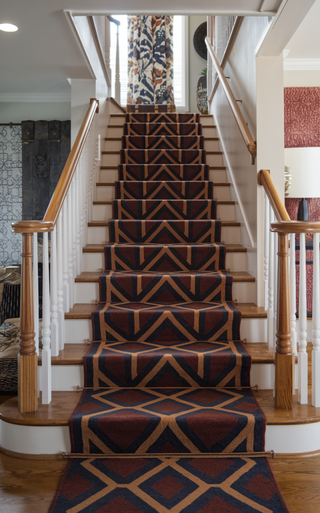 An elegant and natural-looking realistic photograph of an oak staircase fitted with a bold geometric print stair runner in rich navy and rust tones adding visual energy to the wood steps decorated in modern eclectic style with natural lighting