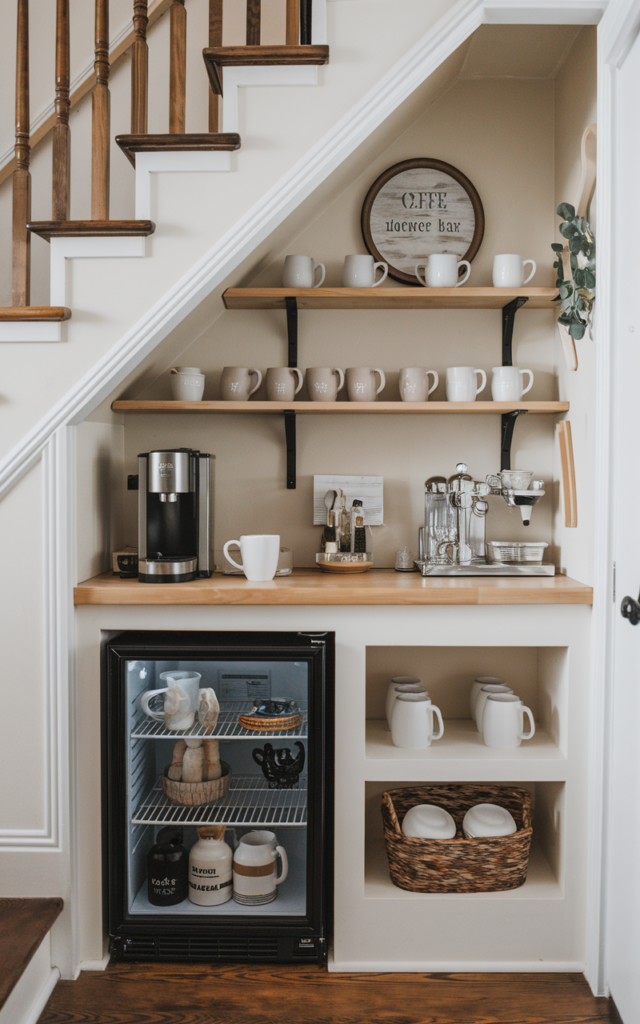 An elegant and natural-looking realistic photograph of an under-stair coffee bar station with a narrow countertop, floating shelves for mugs and a small fridge, decorated in modern farmhouse style with natural lighting
