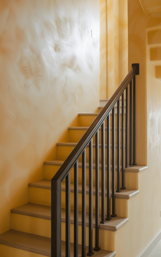 An elegant and natural-looking photograph of a staircase surrounded by softly textured limewashed walls in warm beige tones, paired with wooden steps and matte black railing decorated in modern farmhouse style with natural lighting