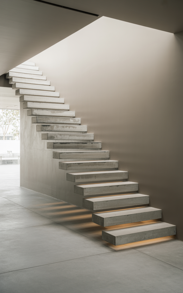 An elegant and natural-looking realistic photograph of a cantilevered concrete staircase with raw exposed treads extending from a neutral wall and subtle warm accent lighting decorated in modern industrial minimalist style with natural lighting