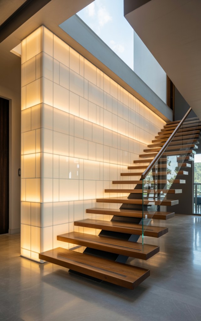 An elegant and natural-looking realistic photograph of a staircase with a glowing backlit wall made from translucent panels that softly illuminate the stairway from the side, creating a futuristic glowing feature wall, decorated in ultra-modern luxury interior style with natural lighting