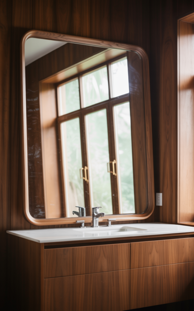 An elegant and natural-looking realistic photograph of a bathroom mirror framed with warm wood matching the vanity creating a cohesive and inviting look decorated in mid-century modern style with natural lighting