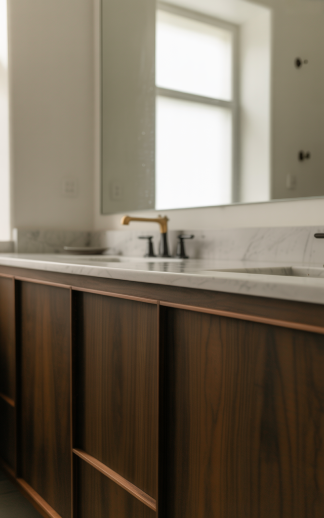 An elegant and natural-looking realistic photograph of a bathroom featuring a dark espresso wood vanity contrasted with light walls and countertops decorated in mid century modern style with natural lighting