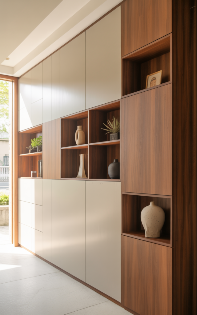 An elegant and natural-looking realistic photograph of a large entrance wall with floor-to-ceiling storage cabinets combined with open niches for decor decorated in modern built-in style with natural lighting