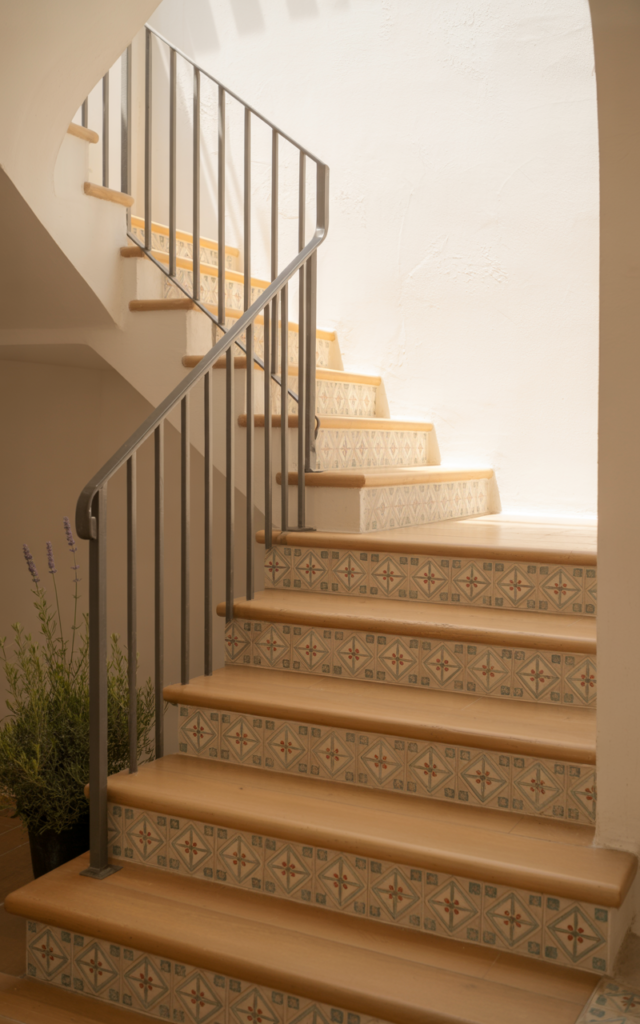 An elegant and natural-looking realistic photograph of a staircase with patterned cement tile risers in subtle geometric prints paired with plain light wood treads and minimal railing decorated in Mediterranean inspired style with natural lighting