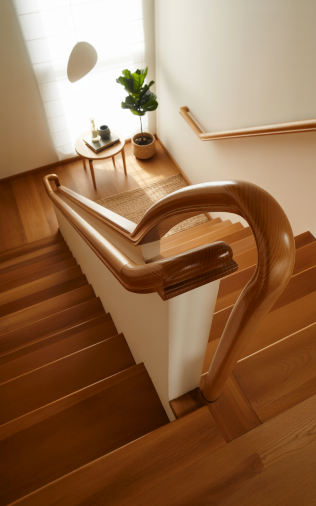 An elegant and natural-looking realistic photograph of a staircase landing where the wooden handrail wraps smoothly around the corner with seamless curved transitions beside light wood steps decorated in contemporary home decor style with natural lighting