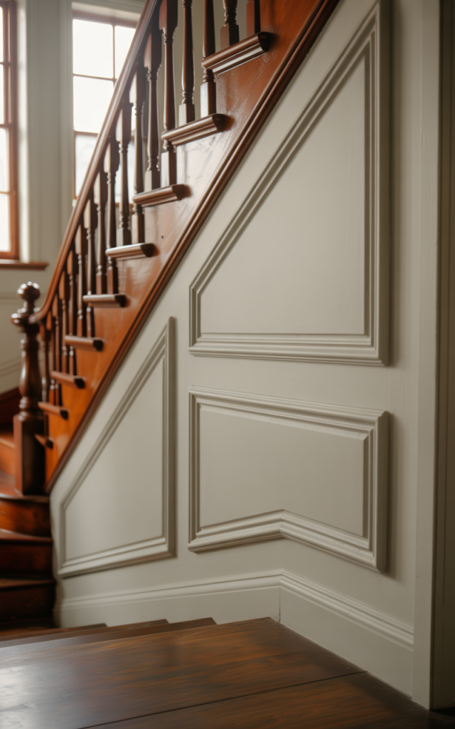 An elegant and natural-looking realistic photograph of a staircase wall layered with baseboards rectangular panel molding and a chair rail running up the stair incline beside a wooden staircase decorated in classic traditional home decor style with natural lighting