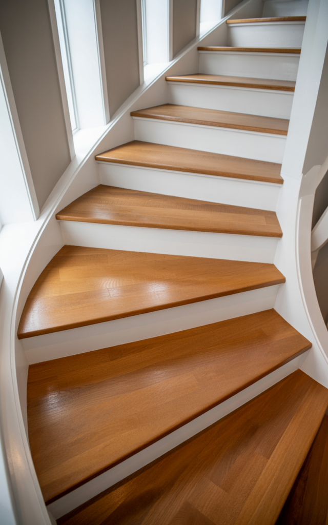 An elegant and natural-looking realistic photograph of a two-tone oak staircase with natural wood treads and crisp white painted stringers and side panels creating modern contrast decorated in contemporary style with natural lighting
