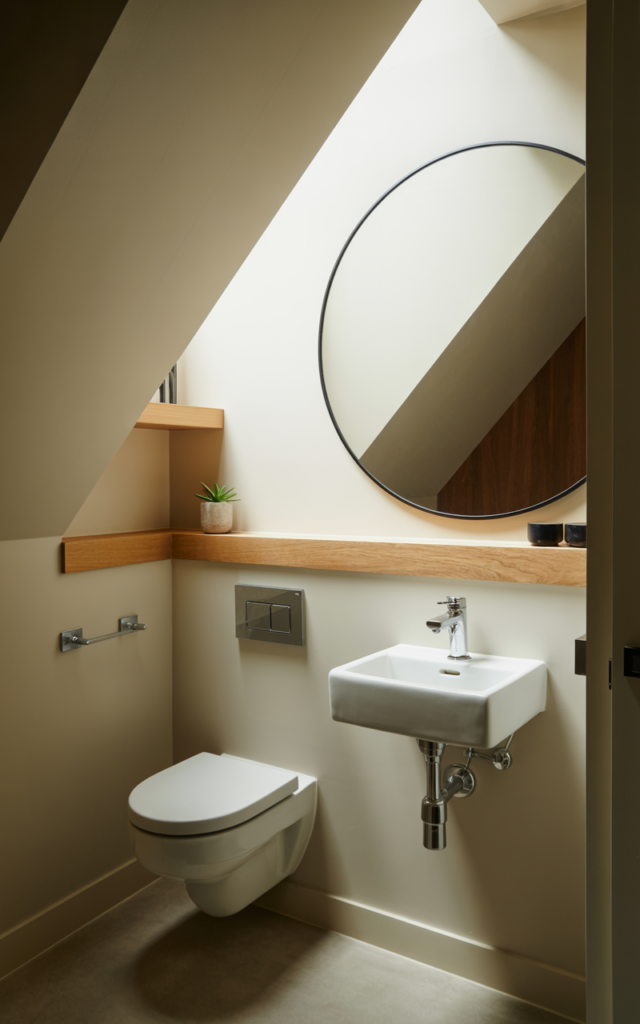 An elegant and natural-looking realistic photograph of an under-stair compact powder room with a wall-mounted sink, floating toilet and bold mirror, decorated in modern minimalist style with natural lighting