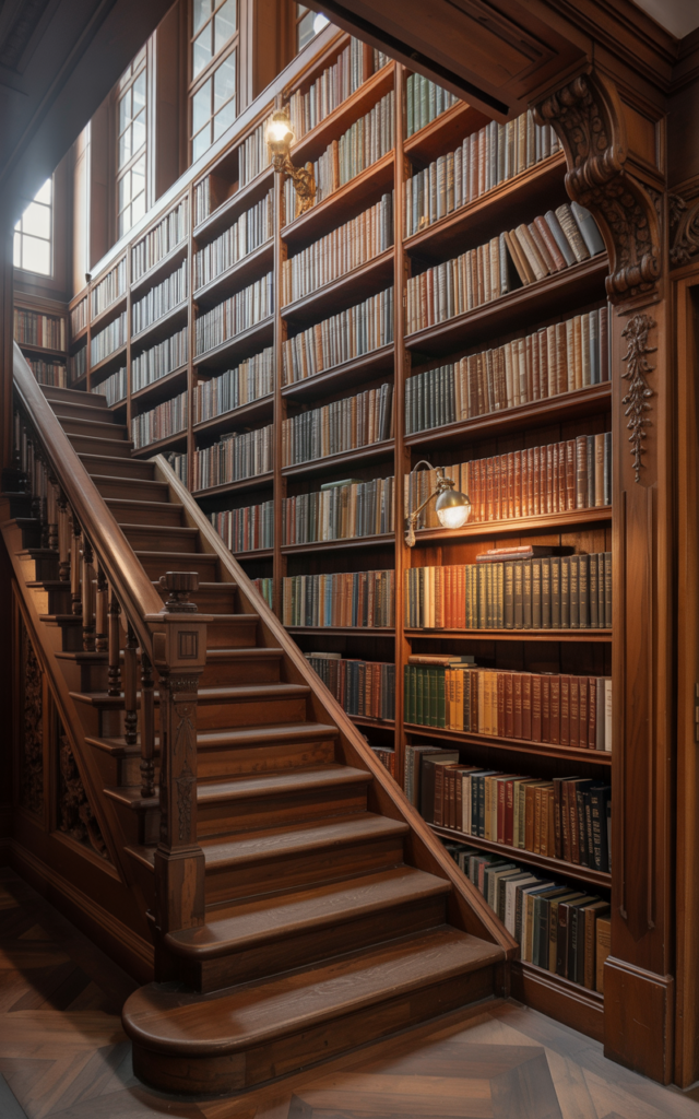 An elegant and natural-looking realistic photograph of a staircase transformed into a library feature wall with built-in bookshelves lining the stairwell filled with vintage books and brass accents beside dark wood steps decorated in scholarly Victorian style with natural lighting