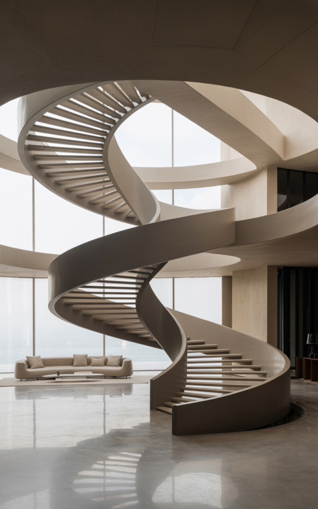 An elegant and natural-looking realistic photograph of a dramatic sculptural ribbon-style circular staircase flowing upward in a smooth continuous curve with hidden supports at the center of an open living area decorated in ultra-modern architectural interior style with natural lighting