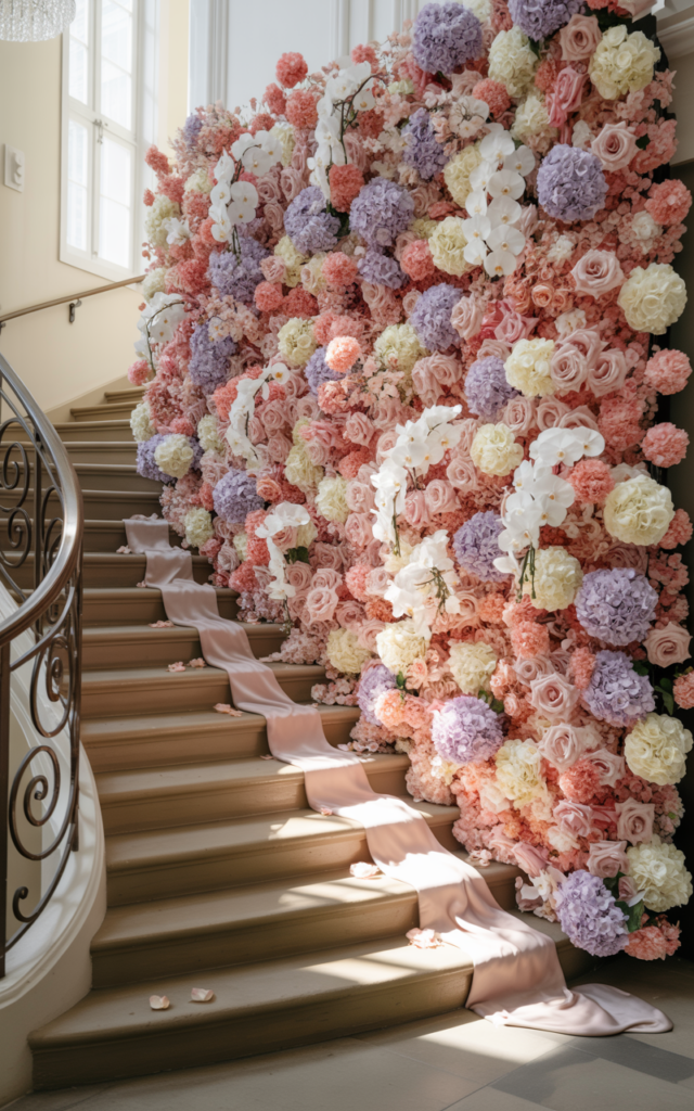 An elegant and natural-looking realistic photograph of a staircase beside a dramatic partial flower wall filled with roses, hydrangeas, and orchids creating a luxurious floral backdrop along the stairs decorated in luxury floral wedding style with natural lighting
