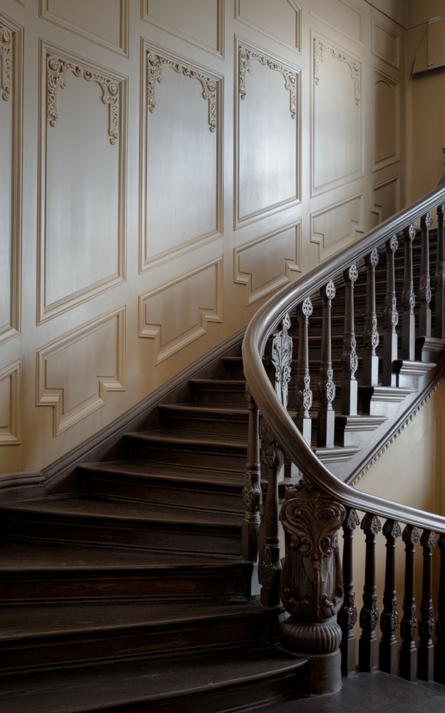An elegant and natural-looking realistic photograph of a staircase wall adorned with decorative panel molding accented lightly in gold paint alongside dark wooden steps and ornate railing decorated in opulent Victorian style with natural lighting