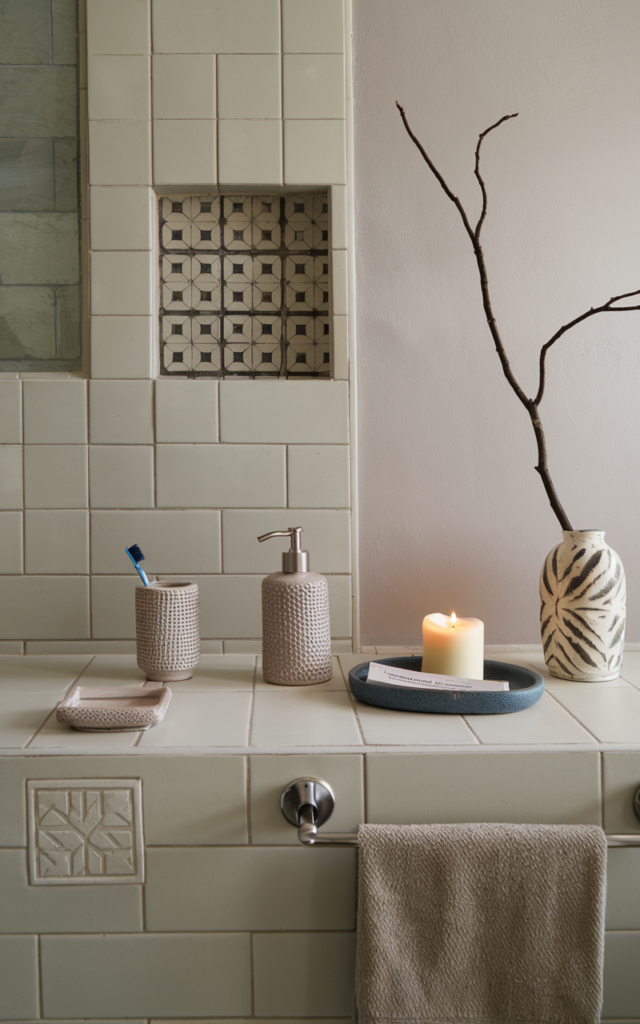 An elegant and natural-looking realistic photograph of a bathroom countertop styled with textured ceramic accessories including a soap dispenser, tray, and vase decorated in mid century modern style with natural lighting