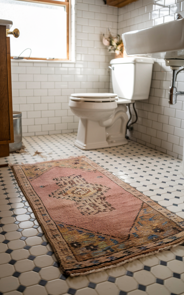 An elegant and natural-looking realistic photograph of a bathroom floor styled with a vintage-inspired muted rug placed over tiles adding warmth and texture to the space decorated in mid-century modern style with natural lighting