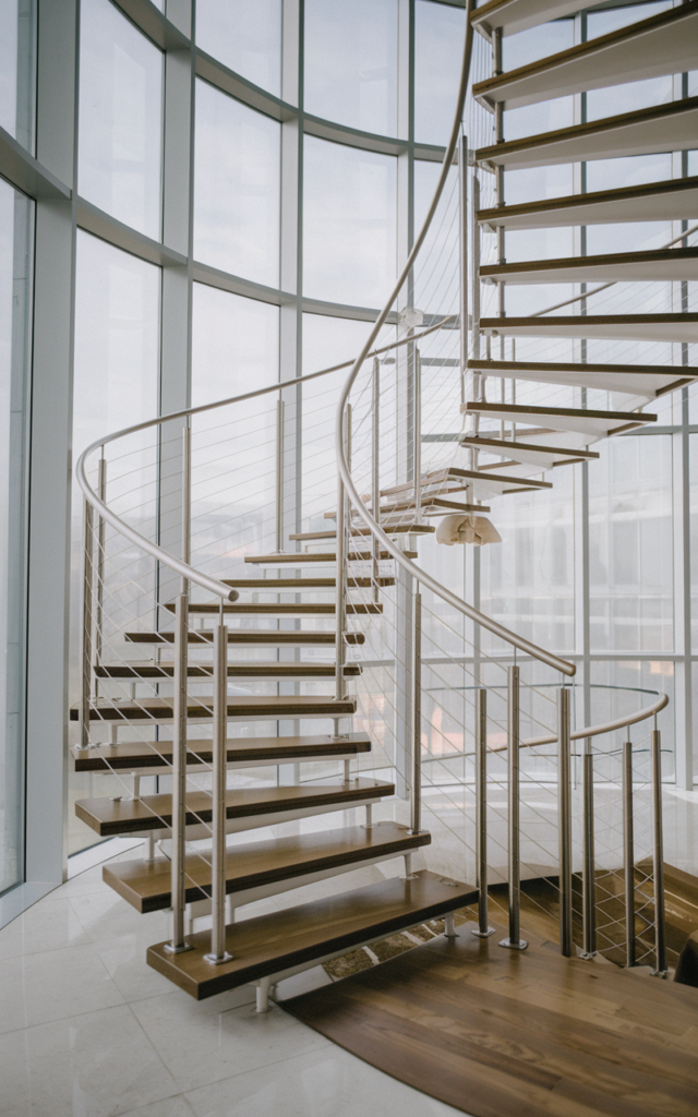 An elegant and natural-looking realistic photograph of a circular staircase with thin stainless steel cable railings and wooden steps positioned beside large windows creating an airy transparent look decorated in contemporary modern interior style with natural lighting