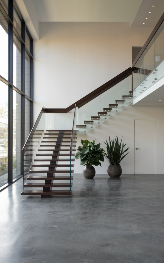 An elegant and natural-looking realistic photograph of a staircase with clear glass balustrades paired with a contrasting dark stained wood handrail creating balanced warmth decorated in contemporary modern style with natural lighting